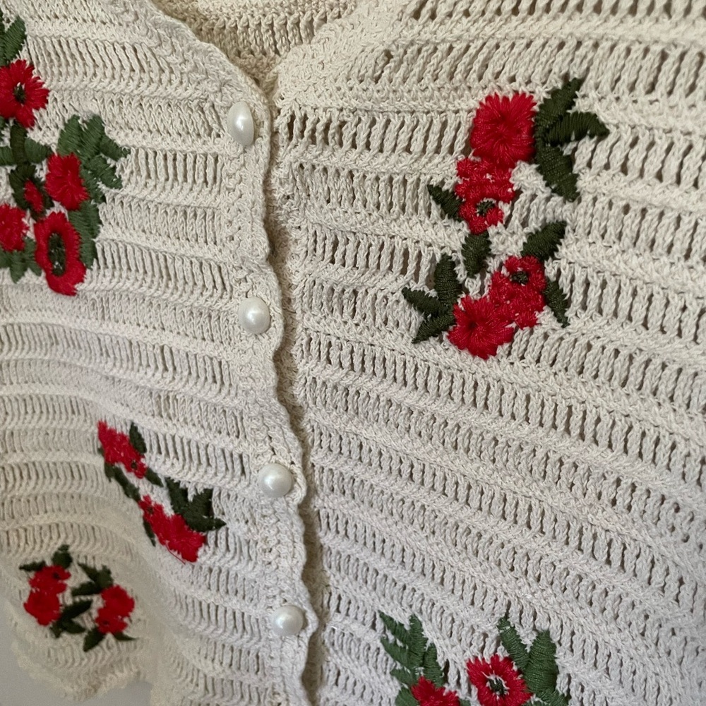 Floral Embroidered Cream Crochet Top with button front